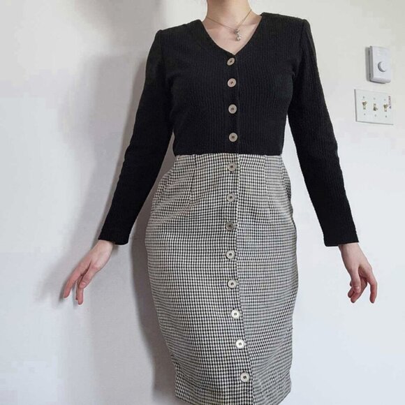 Vintage 90s officecore elegant black & grey houndstooth teacher secretary dress - Picture 2 of 14